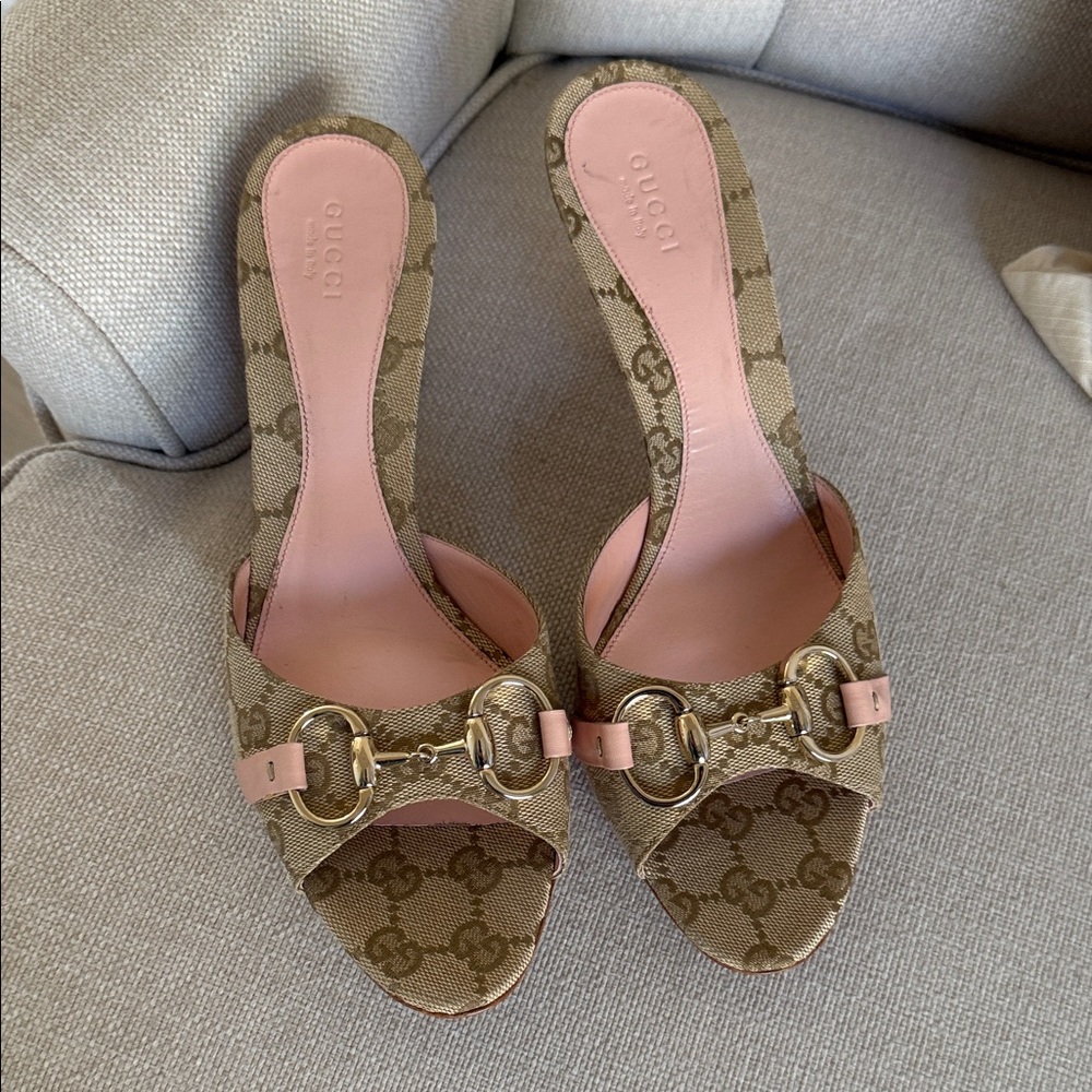 Gucci Beige and Pink Monogram Mules